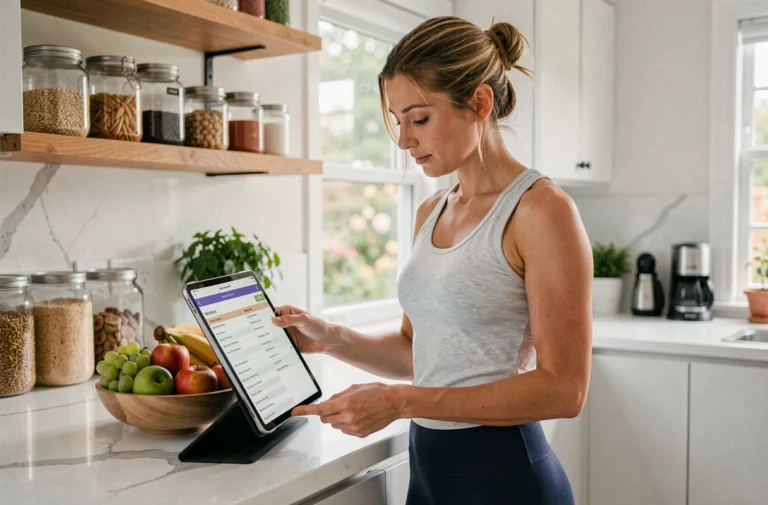 Femme consultant un programme minceur personnalisé sur tablette dans une cuisine moderne et saine