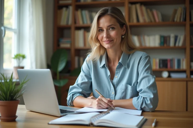 Femme en reconversion professionnelle prenant des notes dans un bureau à domicile chaleureux et organisé