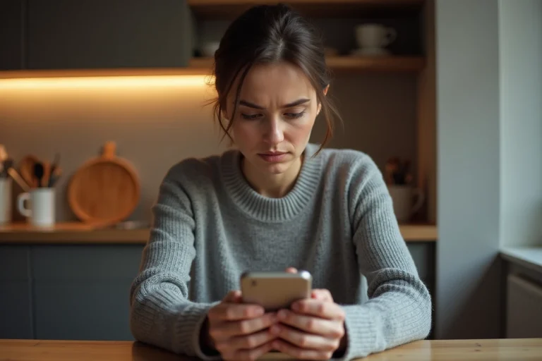 Femme consultant son smartphone avec un air interrogateur face à un numéro 09 inconnu affiché à l'écran