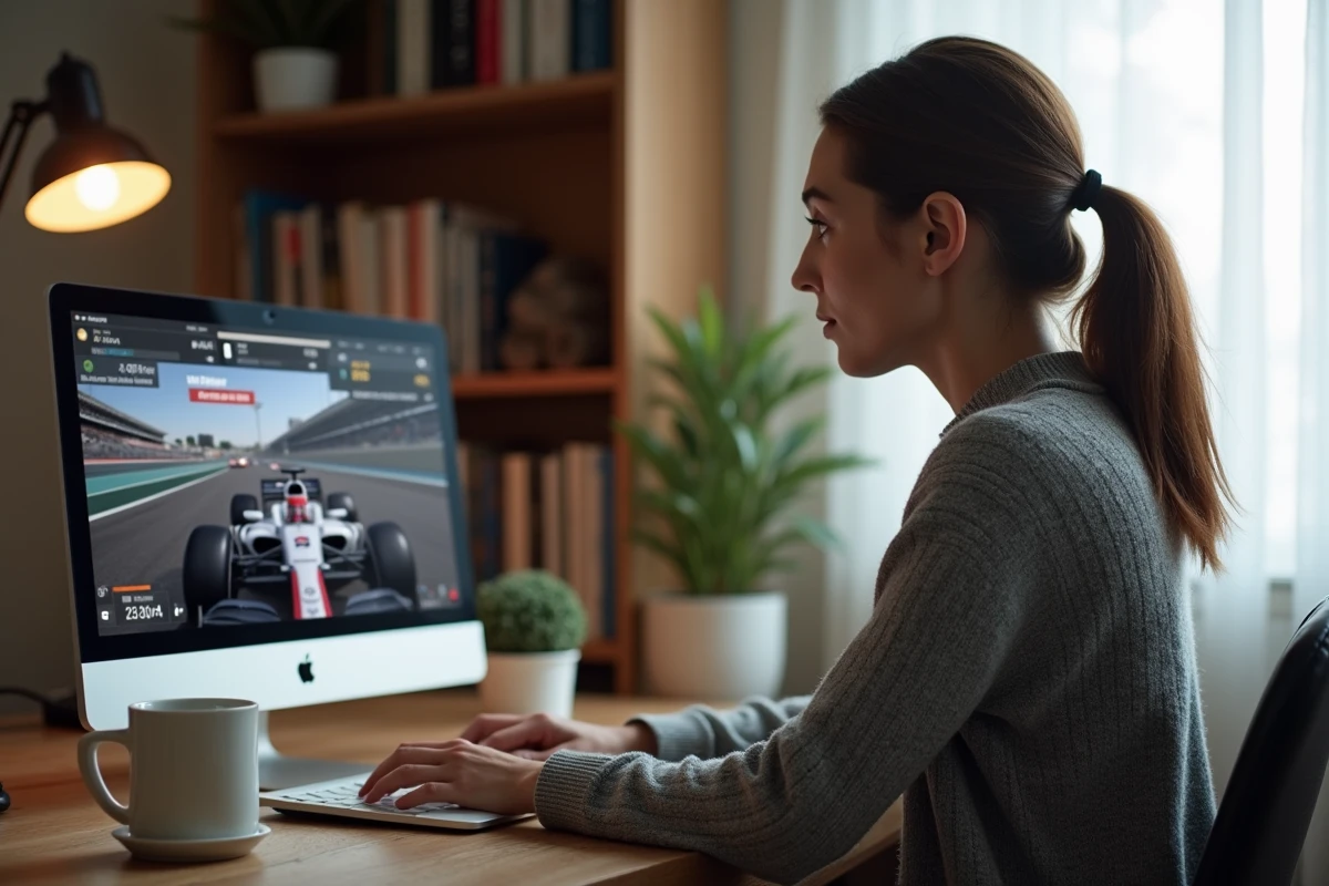 Femme suivant un Grand Prix de F1 en streaming sur ordinateur portable avec RTBF