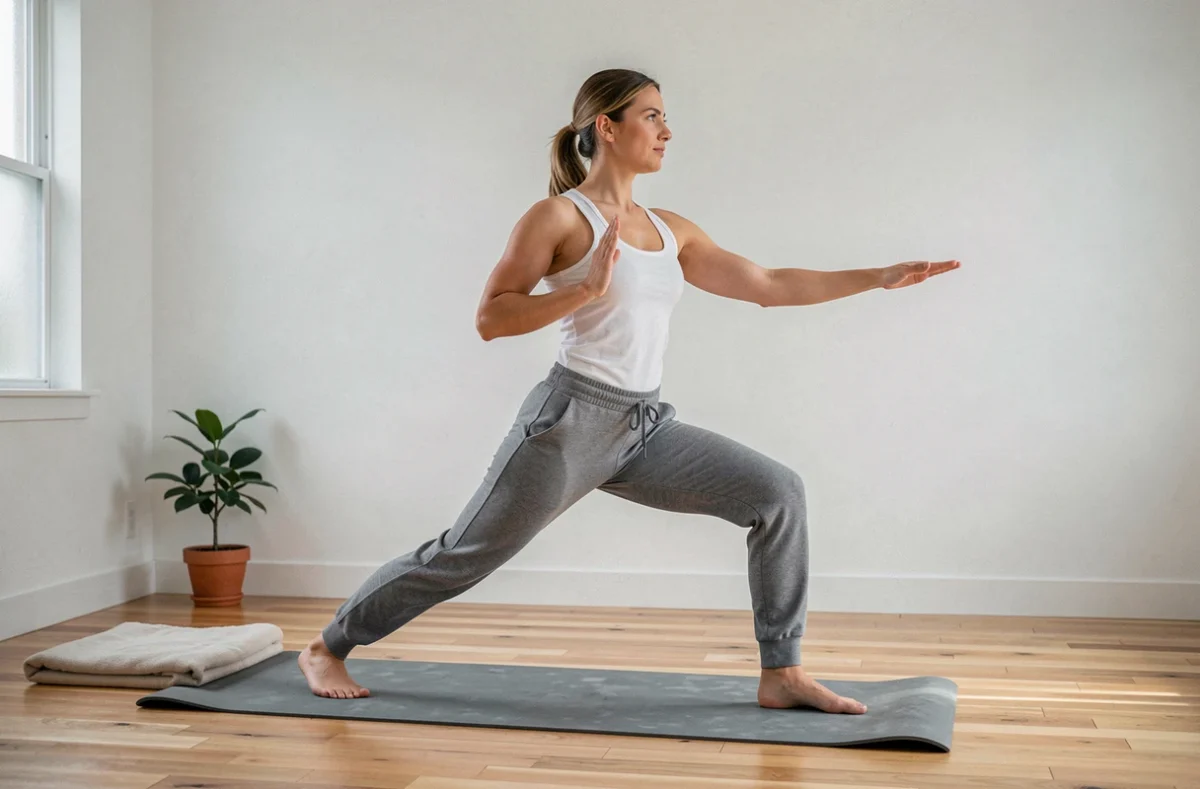 Femme pratiquant le yoga à la maison dans le cadre d'une routine minceur équilibrée