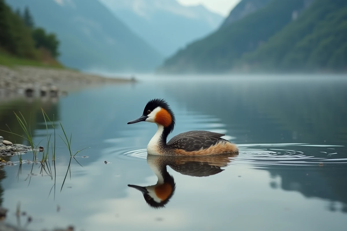 Grèbe huppé nageant sur les eaux calmes du lac d'Aiguebelette avec reflet parfait et végétation lacustre en arrière-plan