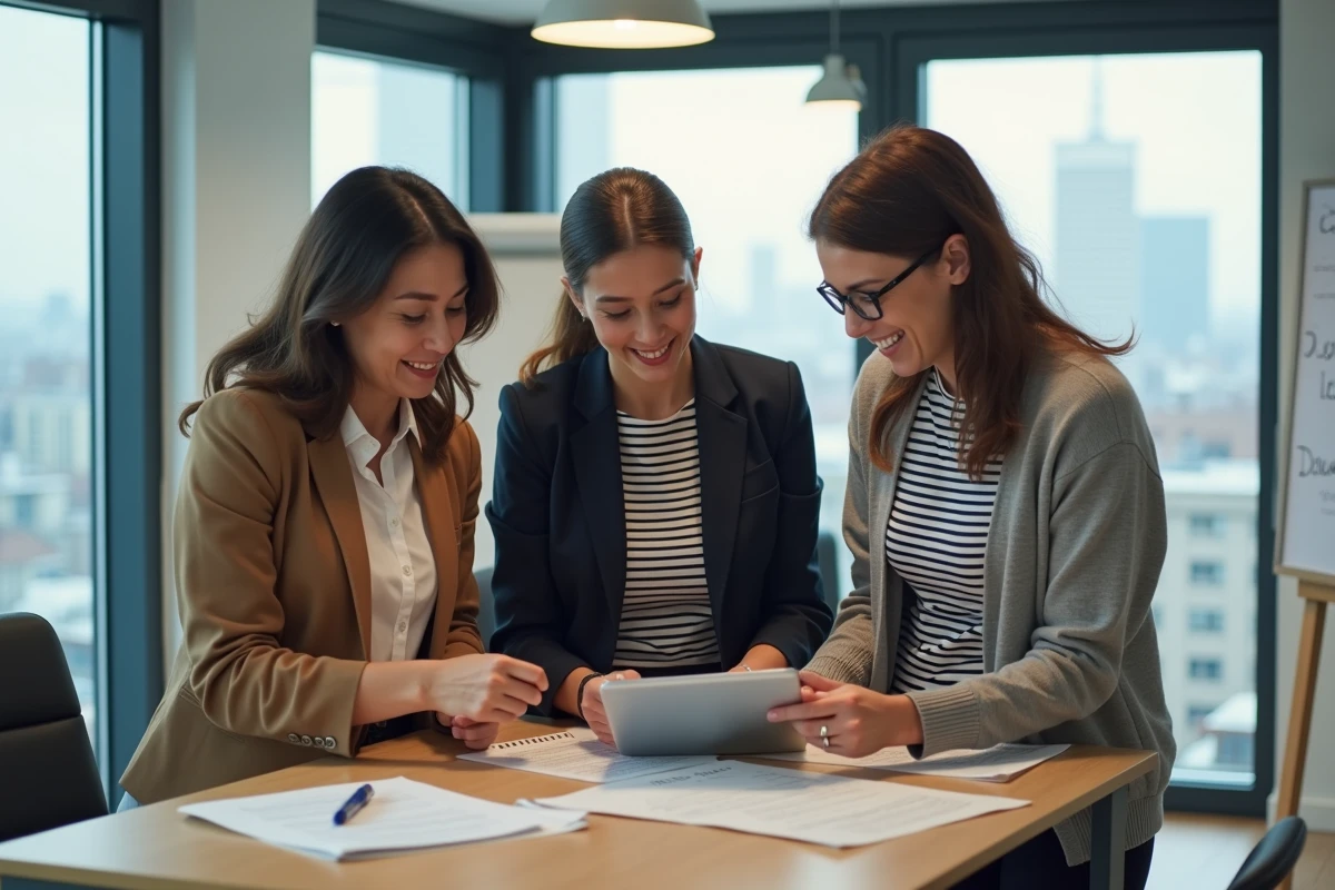 Groupe de professionnels collaborant sur un plan de reconversion de carrière dans un bureau moderne