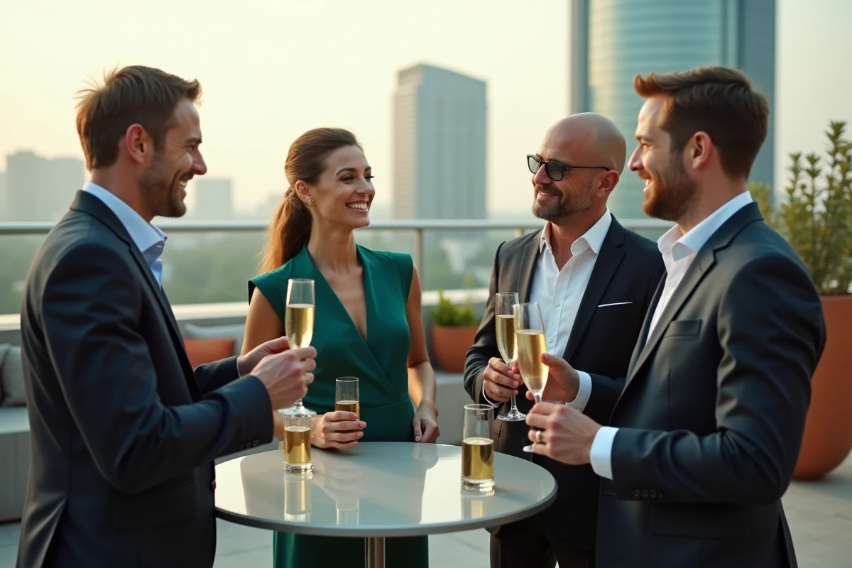 Groupe de professionnels élégants en tenue de soirée VIP sur un rooftop urbain avec vue sur les gratte-ciels