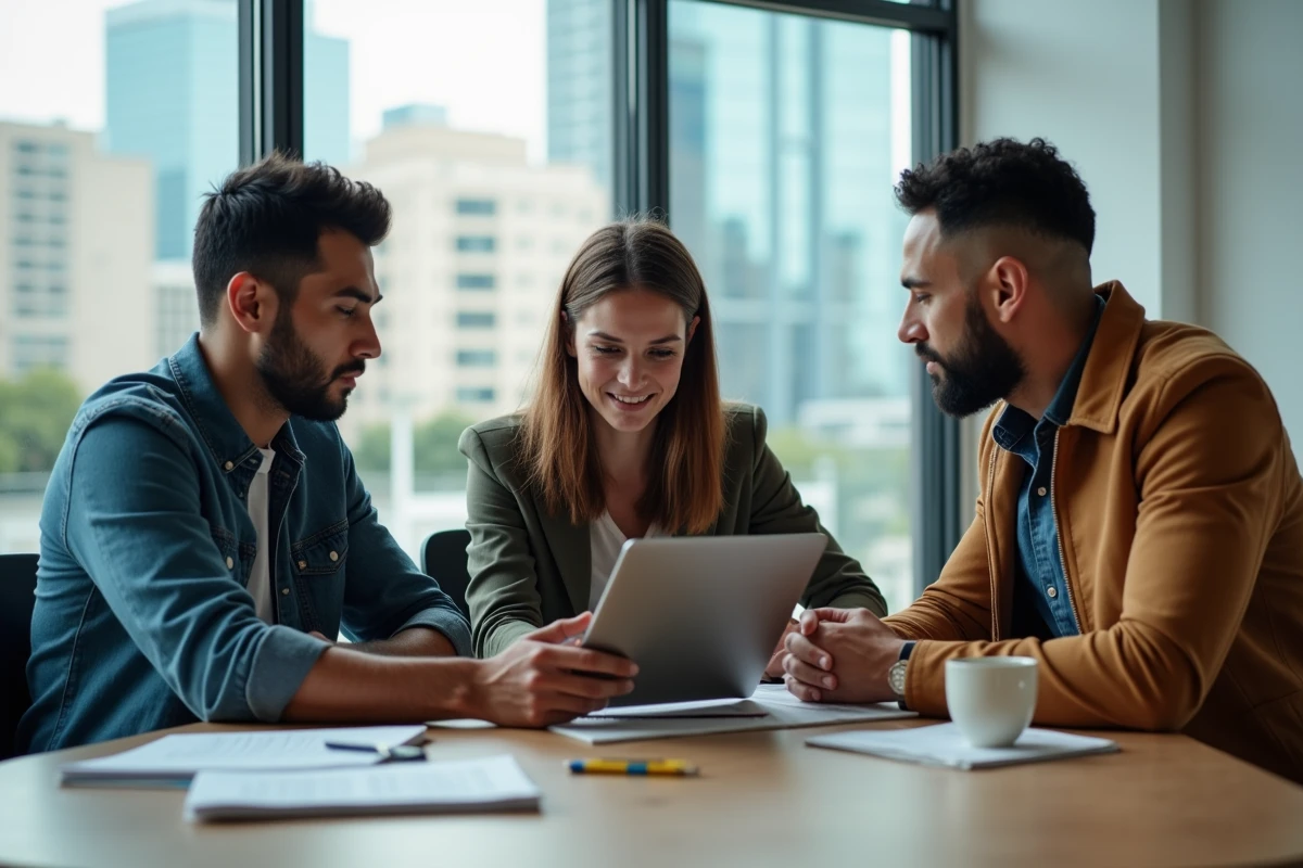 Groupe de trois personnes discutant autour d