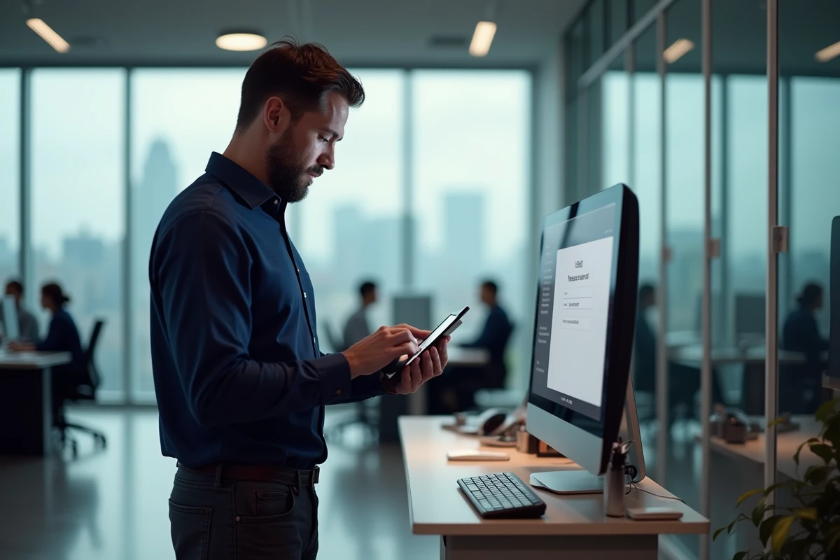 Homme en entreprise consultant une tablette pour résoudre un problème de connexion sur Arkevia
