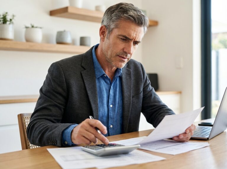 Homme d'affaires en bureau moderne en train de vérifier des documents