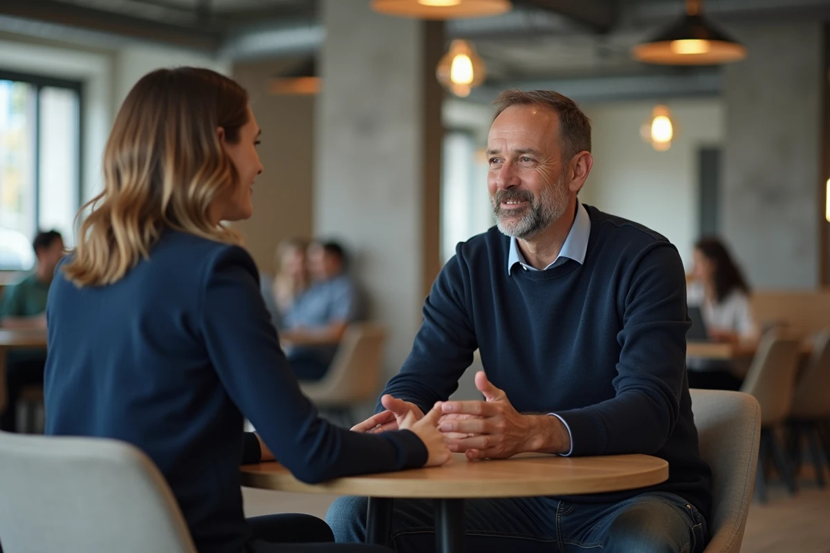 Homme discutant de sa reconversion professionnelle avec un coach de carrière dans un espace de coworking moderne