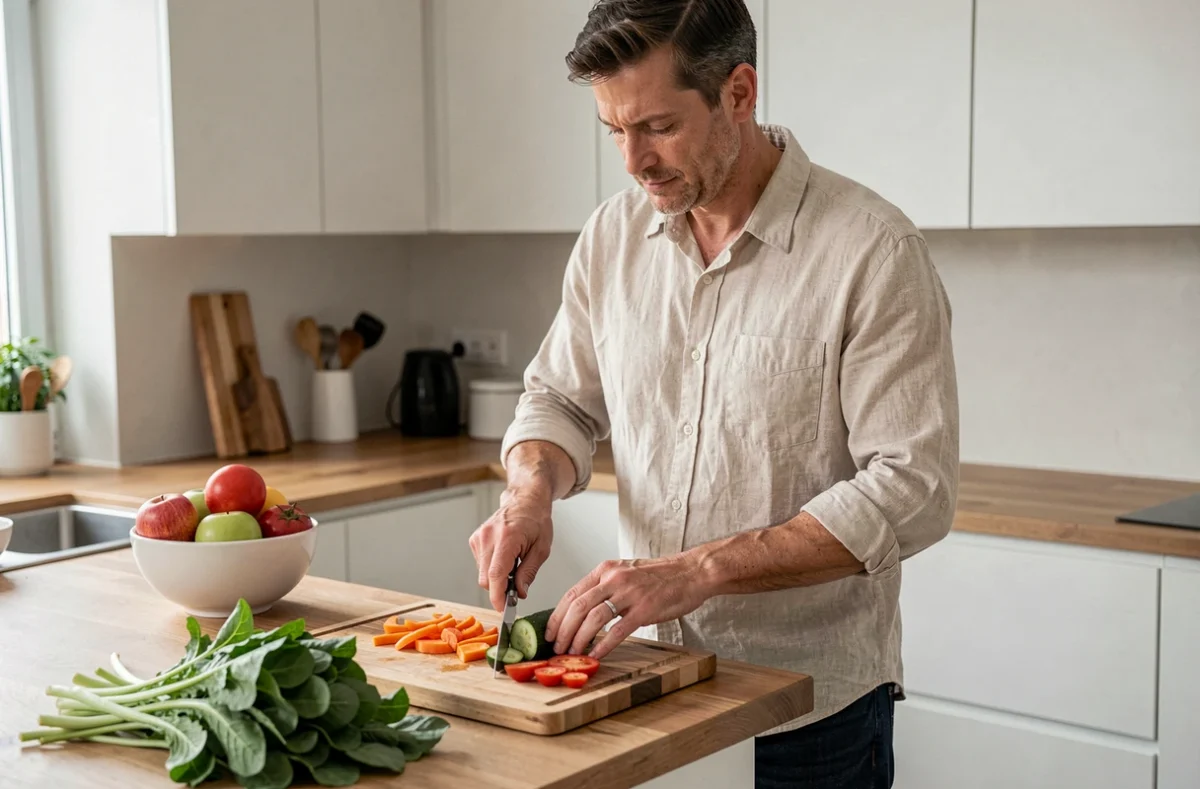 Homme préparant un repas sain à base de légumes frais pour retrouver la ligne