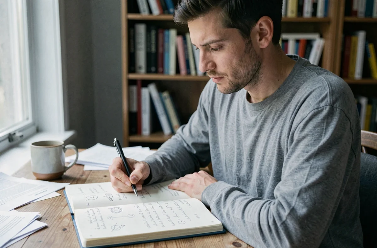Homme en train d'écrire dans un carnet d'analyse des rêves à son bureau entouré de livres