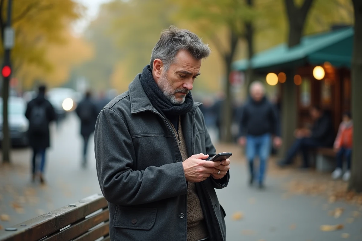 Homme d age moyen regardant son smartphone dans un parc urbain
