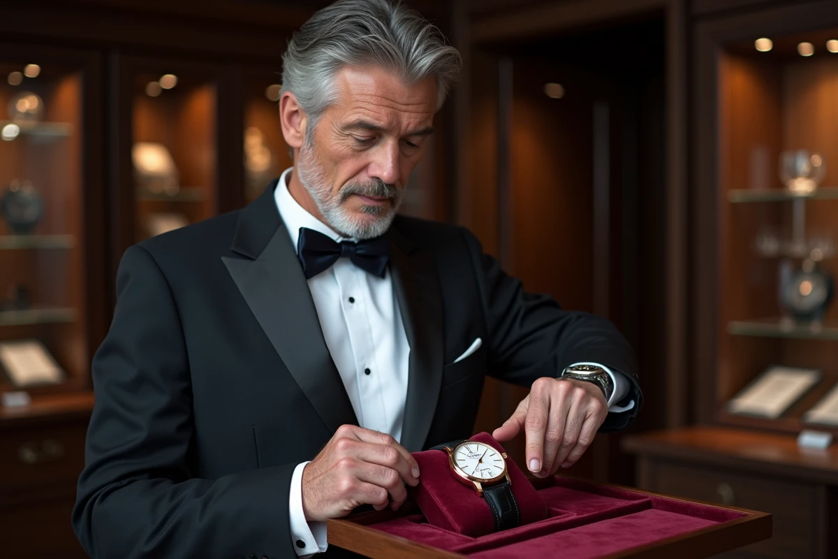 Homme en smoking charbon examinant une montre de luxe sur plateau de velours dans une boutique VIP haut de gamme