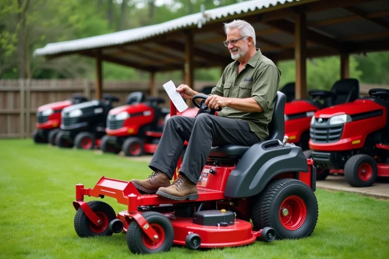 Homme d'une cinquantaine d'années assis sur un tracteur tondeuse rouge dans un rayon de grande surface de bricolage, examinant l'étiquette de prix