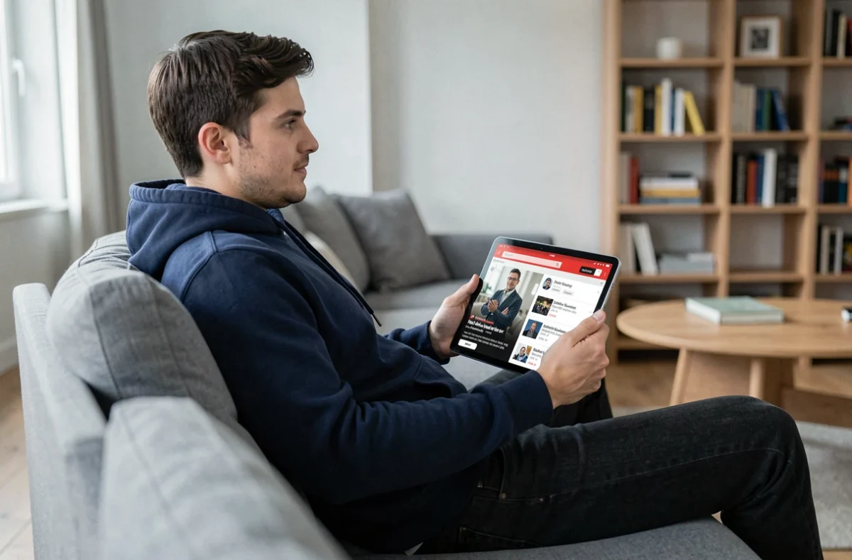 Homme regardant des actualités sur YouTube via une tablette dans un salon moderne
