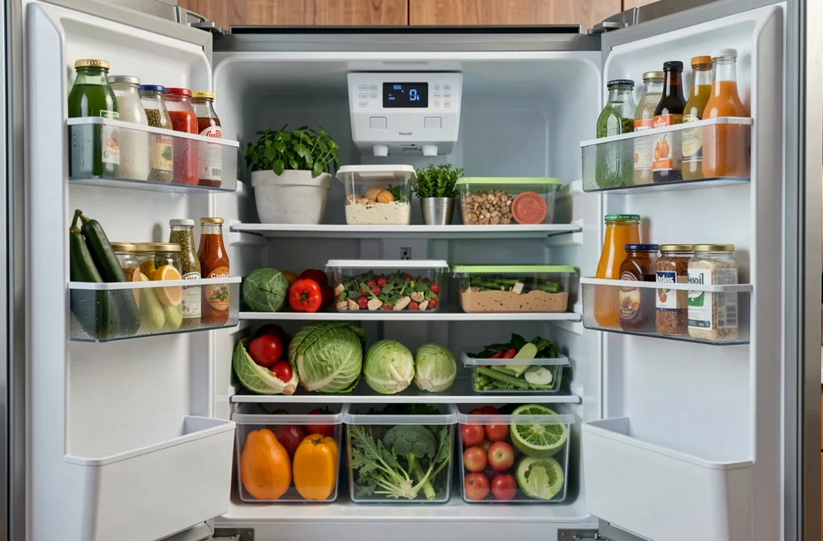 Intérieur bien organisé d'un réfrigérateur ouvert avec légumes frais, condiments et boîtes de préparation de repas rangés soigneusement