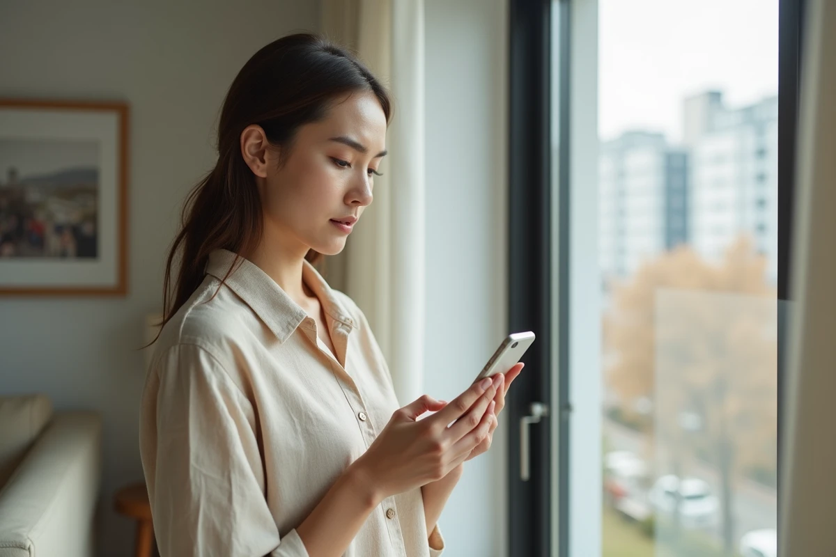 Jeune femme debout dans son salon consultant un appel manqué d'un numéro 09 inconnu sur son téléphone portable