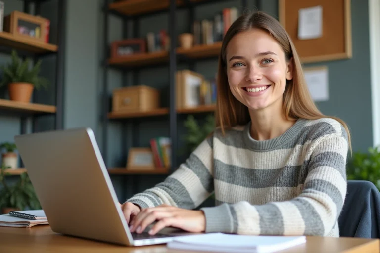 Jeune femme souriante travaillant sur son ordinateur dans un bureau moderne