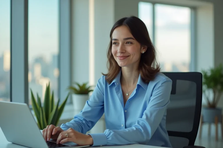 Femme professionnelle assise à un bureau moderne avec ordinateur