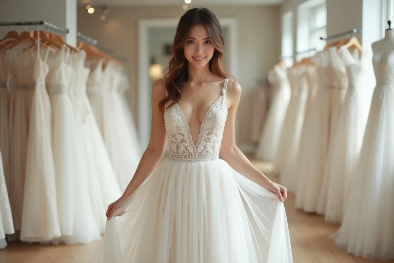Jeune femme en robe de mariage moderne ajustant sa jupe dans un atelier lumineux