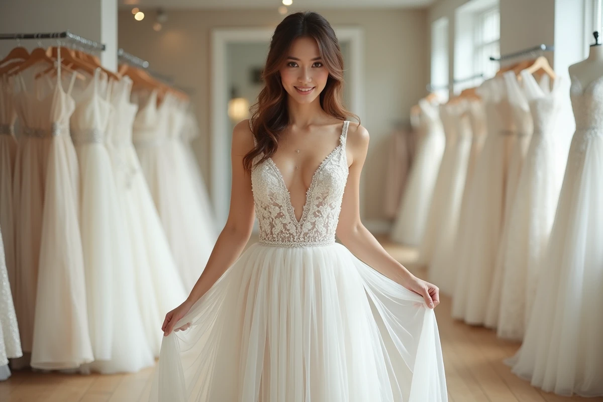 Jeune femme en robe de mariage moderne ajustant sa jupe dans un atelier lumineux