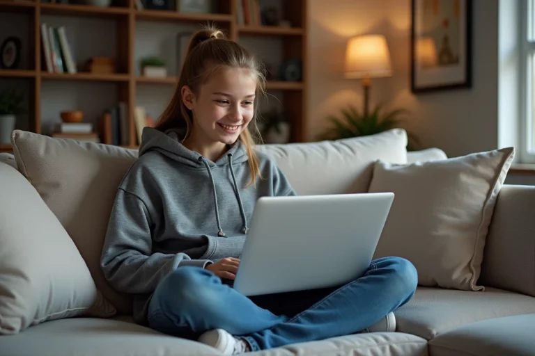 Jeune fille en hoodie regardant un laptop de streaming