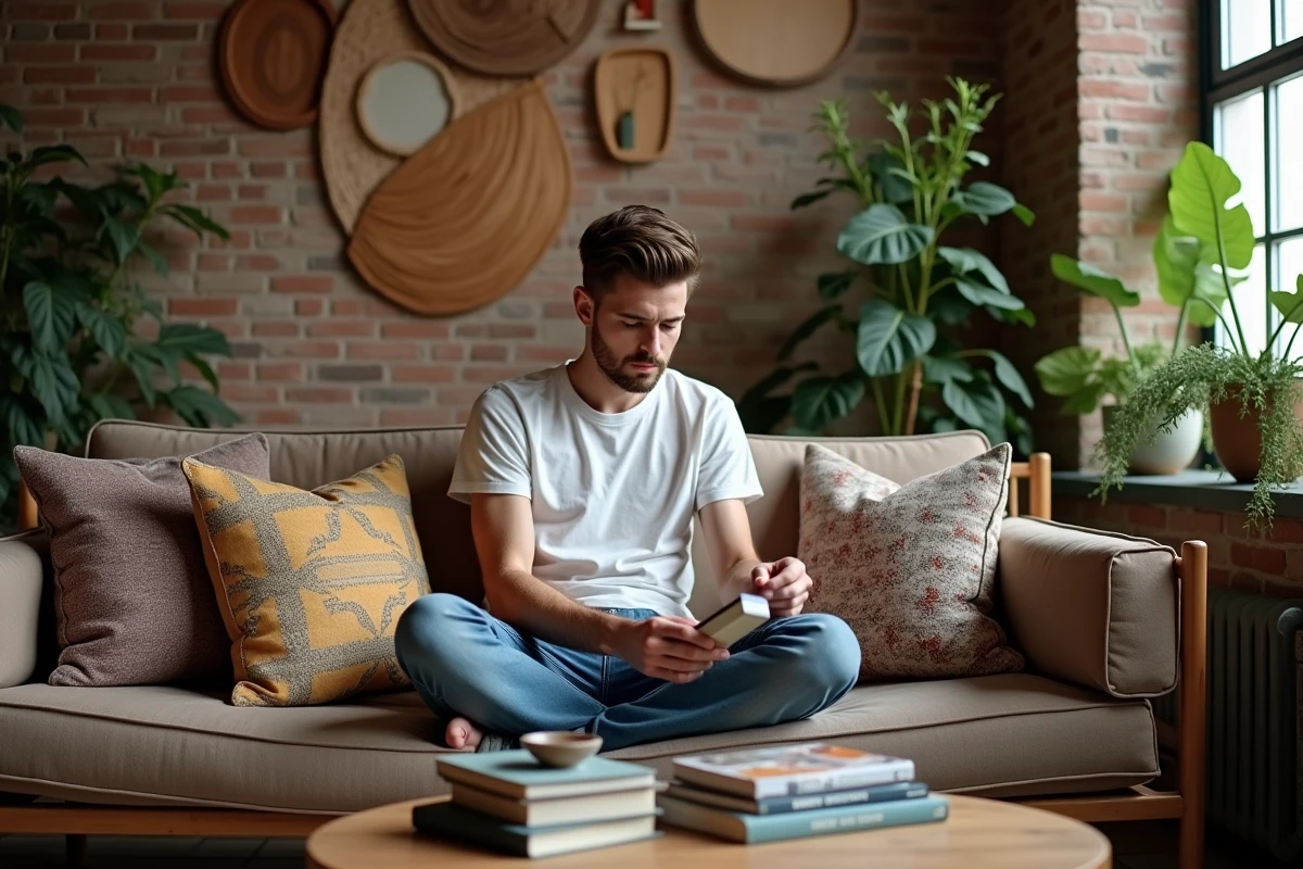 Jeune homme assis sur un canapé vintage avec coussins colorés