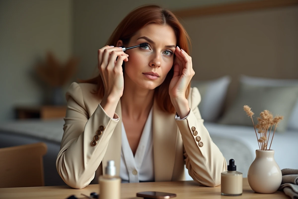 Femme élégante appliquant du mascara à sa coiffeuse en bois, maquillage quotidien soigné en chambre
