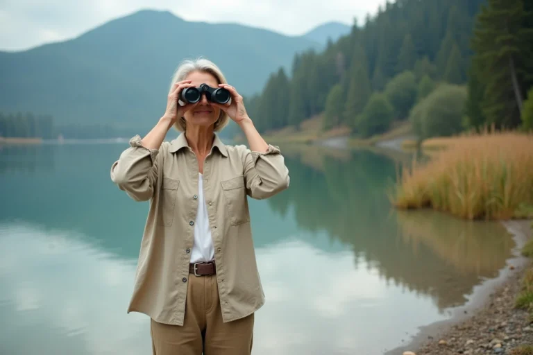 Femme observant les oiseaux avec des jumelles au bord du lac d'Aiguebelette entouré de roseaux et de végétation alpine