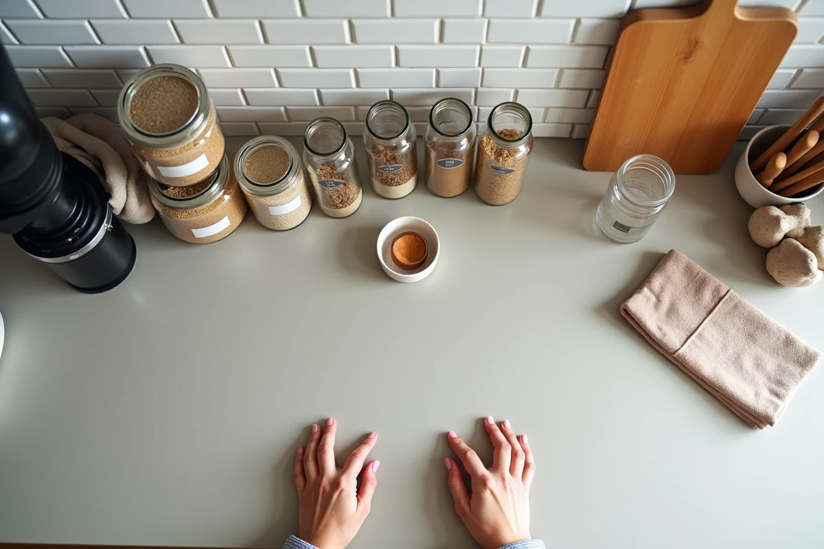 Vue aérienne d'un plan de travail de cuisine en cours d'organisation avec des bocaux en verre et des ustensiles bien rangés