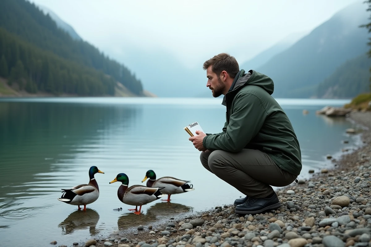 Ornithologue accroupi sur la plage de galets du lac d'Aiguebelette observant des canards colverts au bord de l'eau