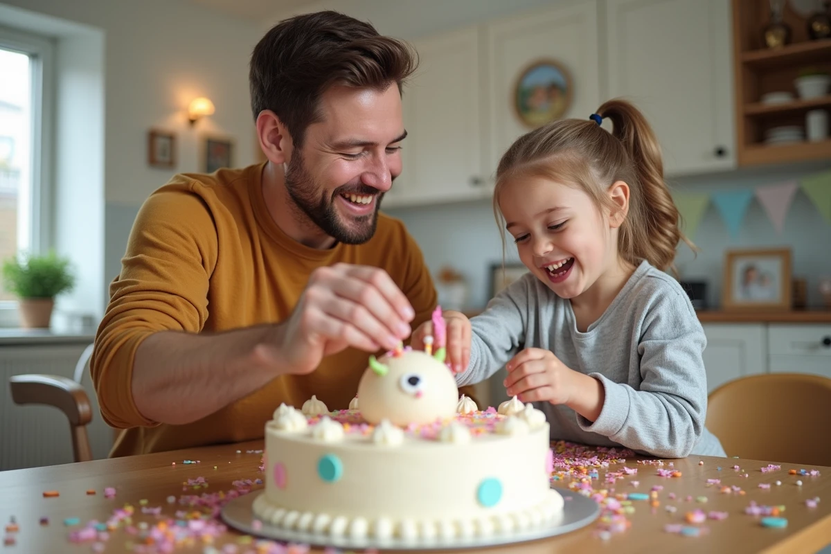 Père et fille riant en décorant un gâteau animal en famille