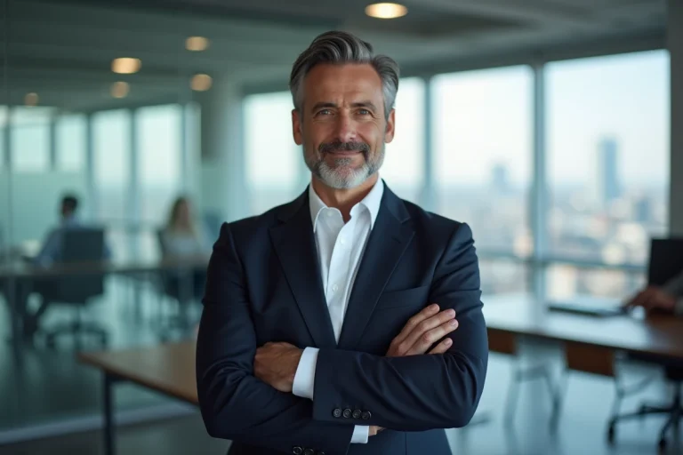 PDG d'une grande enseigne de grande distribution en costume bleu marine dans un bureau moderne avec vue sur la ville