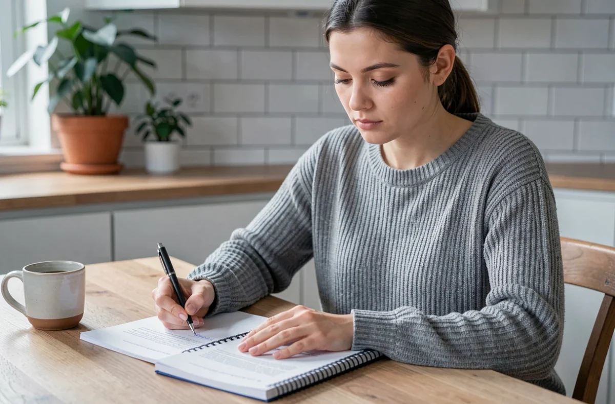 Femme se préparant à l'audition de mariage en révisant des documents administratifs chez elle