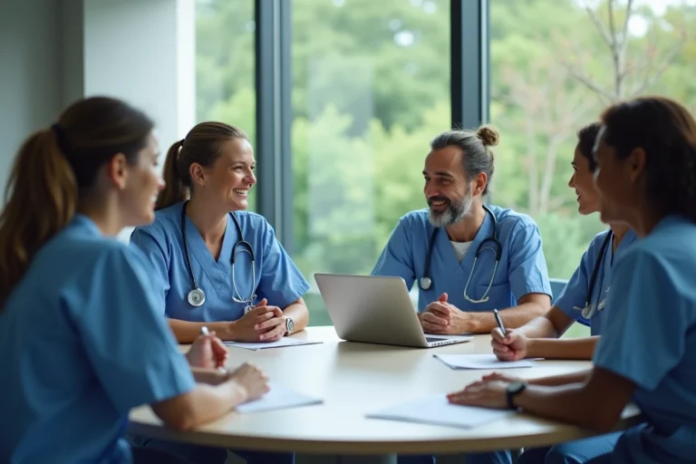 Groupe de professionnels de santé en réunion dans un hôpital