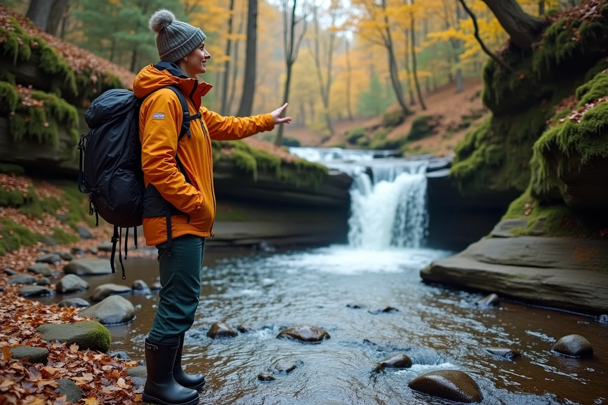 Randonneuse pointant deux formations aquatiques dans une forêt automnale, montrant la différence visuelle entre une cascade et une chute d'eau