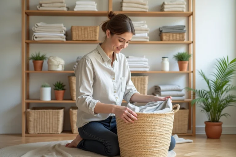 Femme qui range des vêtements dans des paniers en osier sur des étagères en bois pour désencombrer son salon