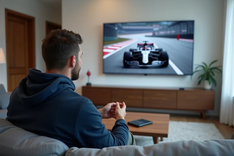 Homme regardant la Formule 1 sur RTBF Auvio depuis son salon sur grand écran TV