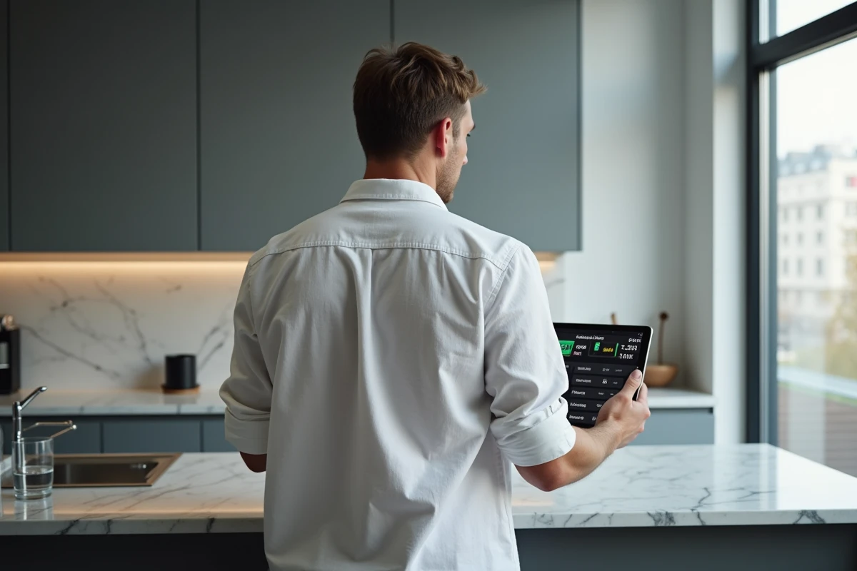 Homme consultant le replay d'une course de F1 sur tablette dans une cuisine moderne