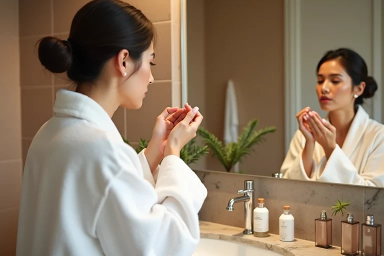 Femme appliquant une crème hydratante devant son miroir de salle de bain, routine beauté quotidienne naturelle