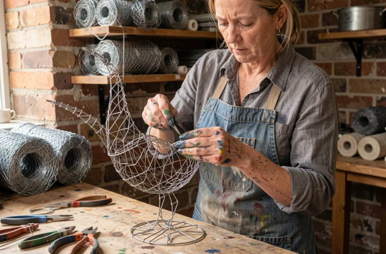 Femme artiste façonnant une sculpture en grillage métallique dans un atelier rustique