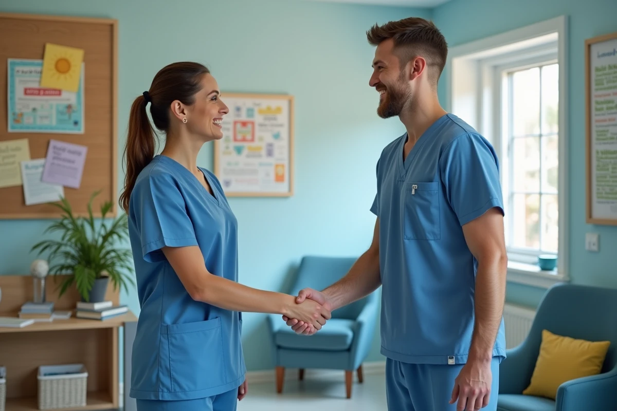 Infirmiers se serrant la main dans un espace de repos