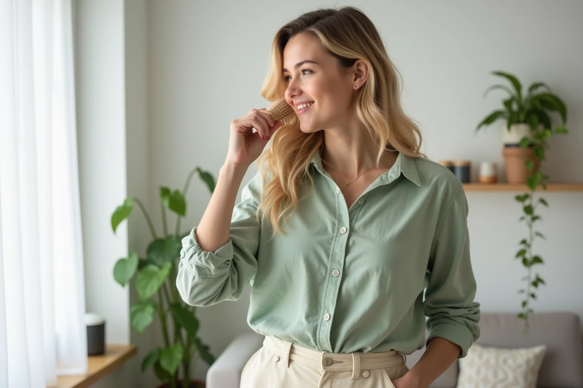 Jeune femme se brossant les cheveux près d'une fenêtre dans un appartement scandinave minimaliste, beauté naturelle au quotidien