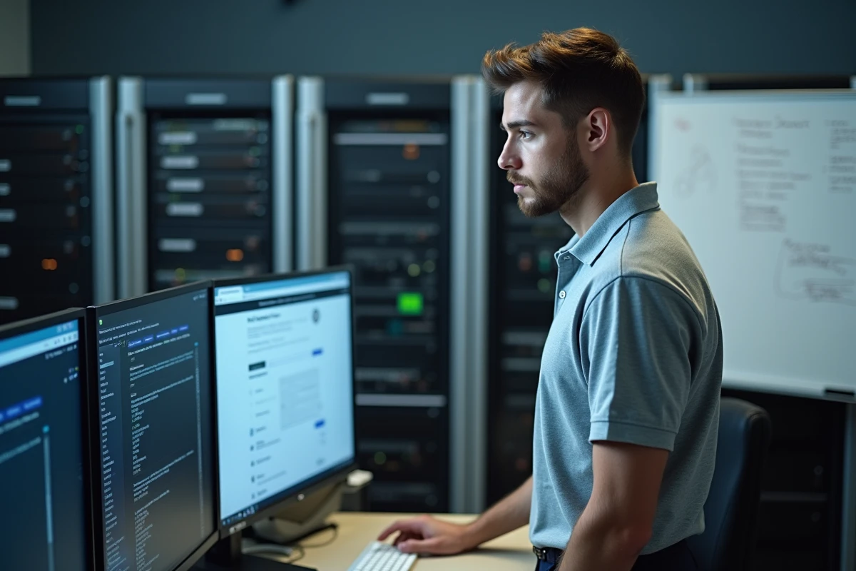 Technicien informatique configurant le service de messagerie académique Roundcube dans une salle serveur d'une université d'Aix-Marseille