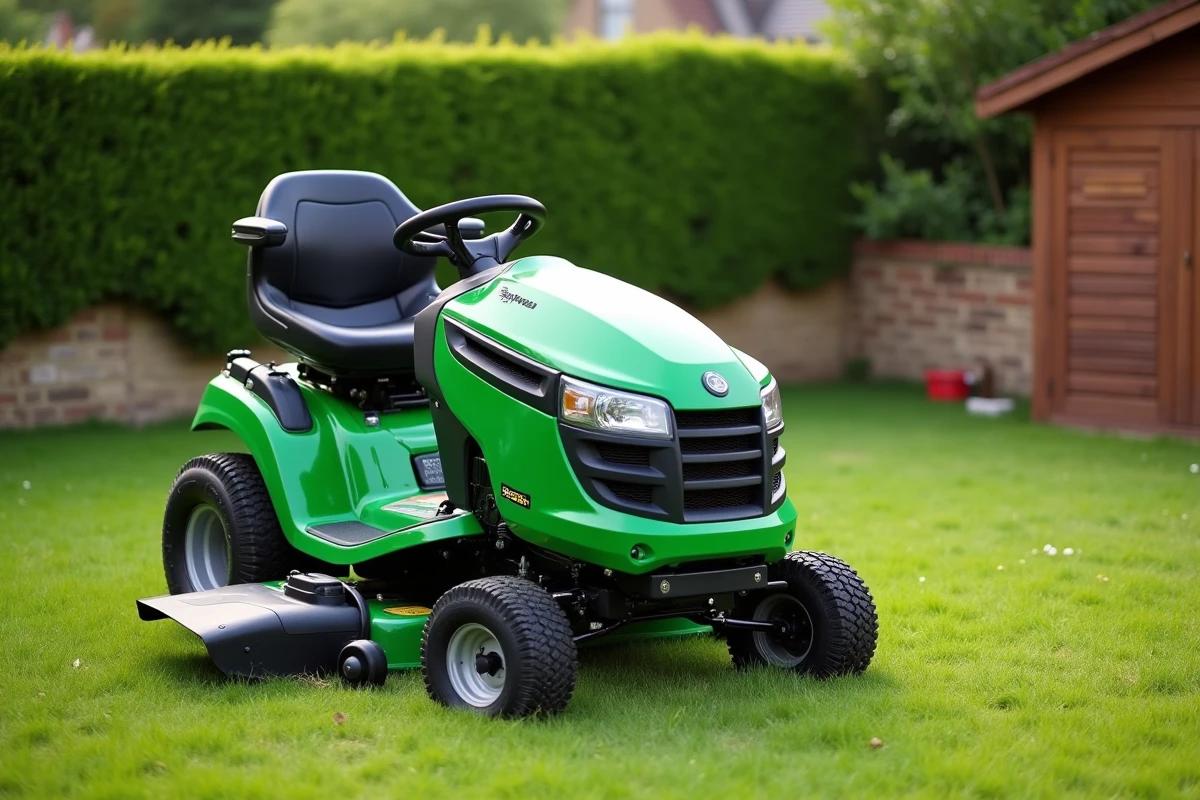 Tracteur tondeuse vert garé sur une pelouse tondue dans un jardin pavillonnaire français, vue en perspective trois quarts avant au niveau du sol