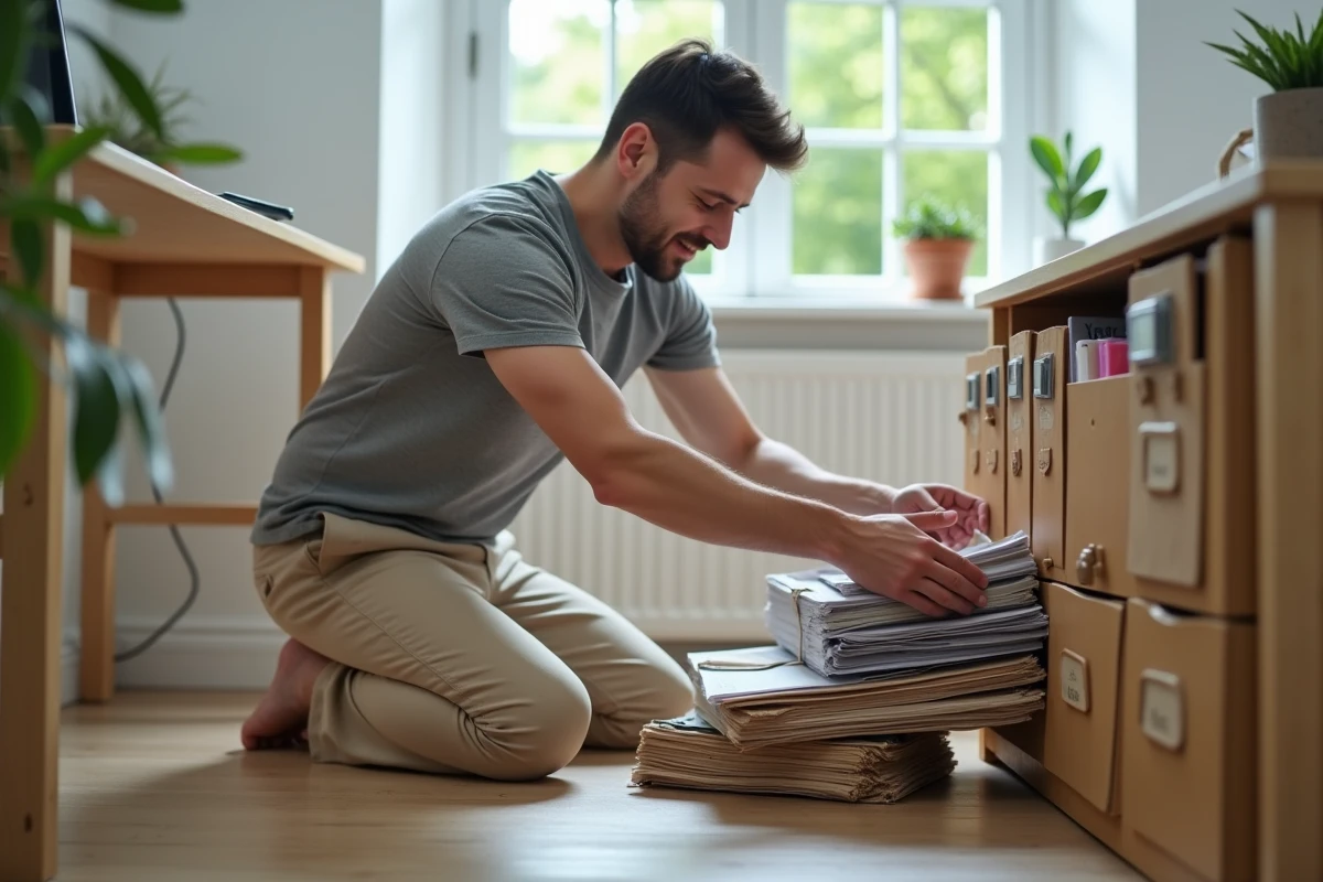 Homme qui trie des documents et classe des papiers dans un meuble de rangement dans un bureau à domicile
