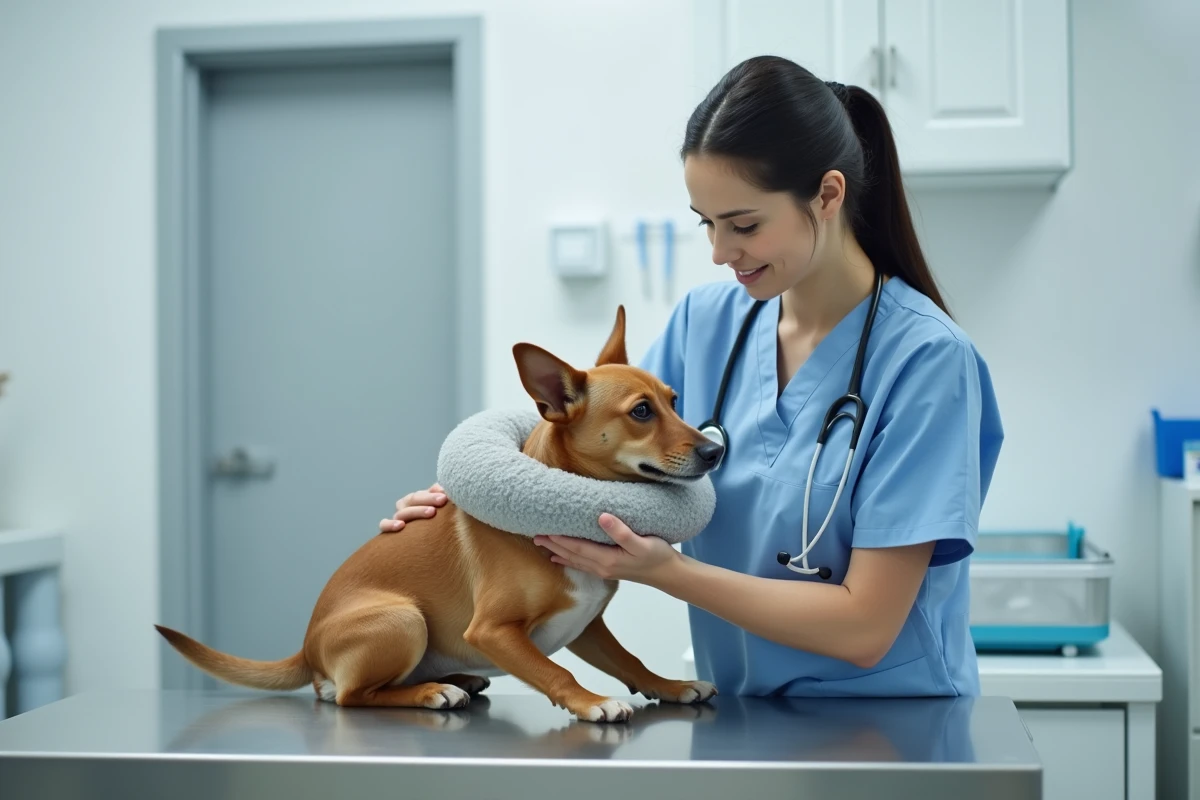 Vétérinaire ajustant une collerette souple sur un petit chien sur une table d'examen dans une clinique vétérinaire