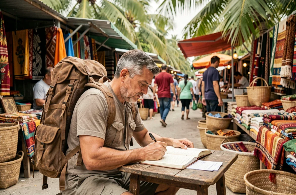 Voyageur écrivant dans un journal de voyage dans un marché tropical coloré, tendances voyages et découverte du monde