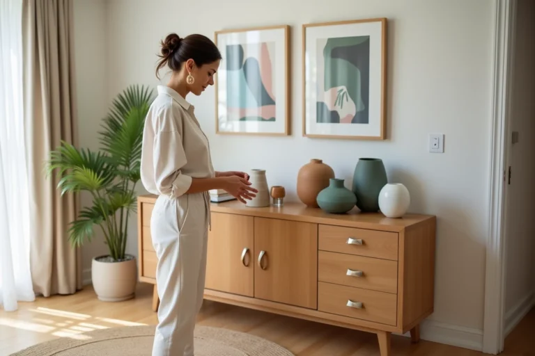 Femme arrangeant des vases en céramique dans un salon lumineux